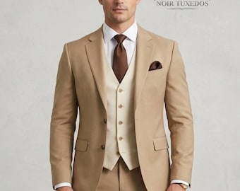 Men's Slim Fit Tan 3-Piece Suit - Classic Tuxedo Slims Fits Peak Lapel Gala & Attire