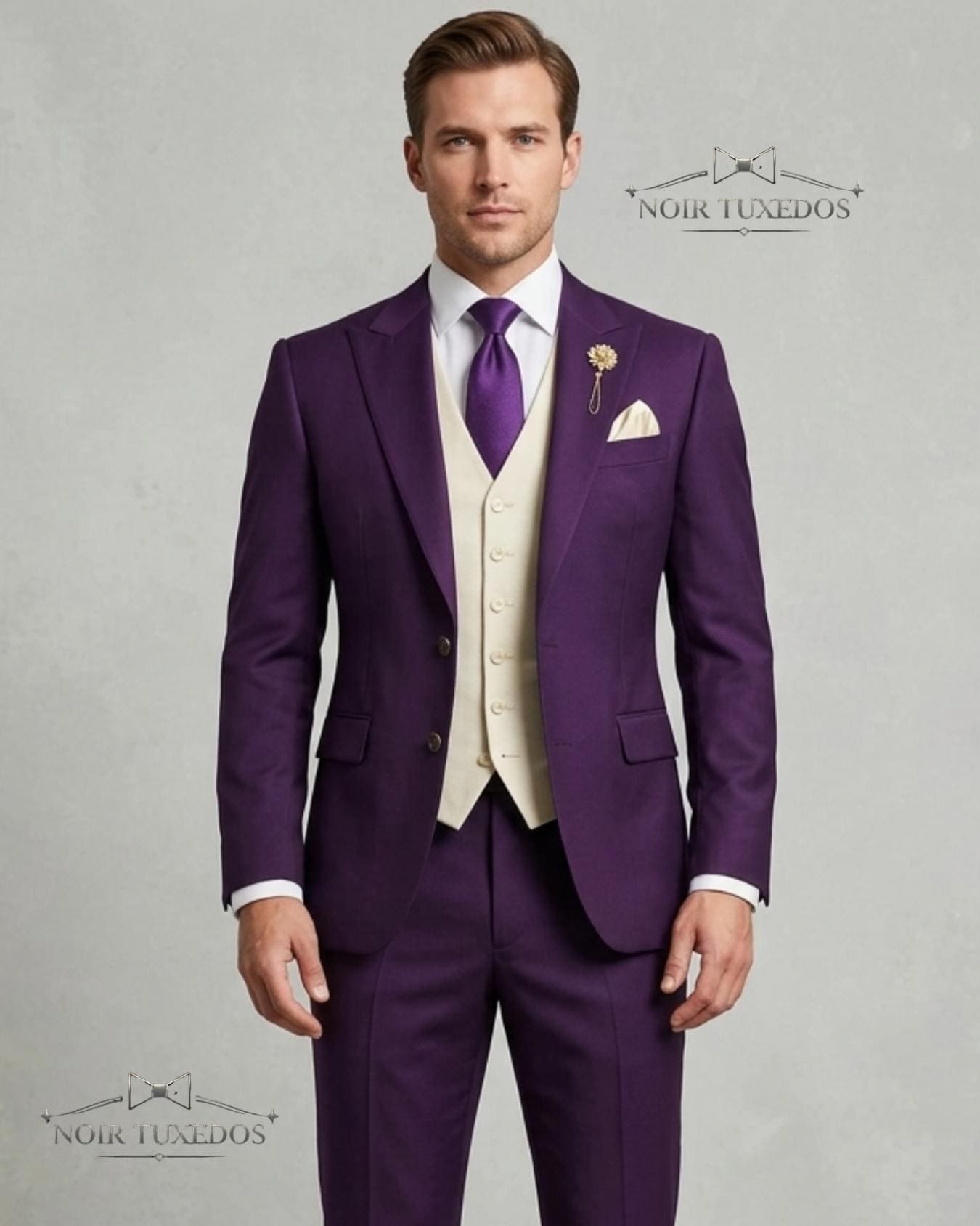Men's Royal Purple 3-Piece Tuxedo Suits - Slim Fit Wedding Tuxedo with Champagne Vest & Lapel