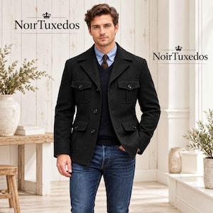 May include: A black field jacket with four front flap pockets and button closures, worn over a dark blue sweater, a light blue collared shirt, and a brown patterned tie. The text NoirTuxedos appears twice in the image.