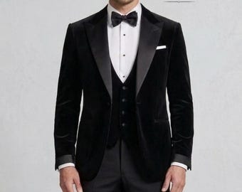 Designer Black Velvet Tuxedo 3-Piece Formal Slim Fit Peak Lapel Gala & Wedding Attire