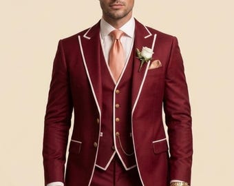 Terno masculino de 3 peças bordô com detalhes em branco - Smoking slim fit bordô para casamento - Estilo retrô vintage