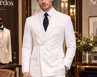 Men's White Double Breasted Suit, Vintage Wedding Formalwear, Tailored Blazer, Groom Outfit, Luxury Style
