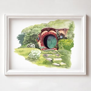 Bag End, stampa artistica ad acquerello, Hobbiton, Tolkien, La Contea