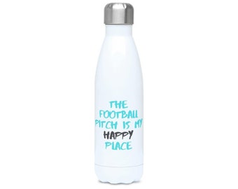 The Football Pitch is my Happy Place in Blue - Water Bottle - Perfect gift for Girl Female Football Players