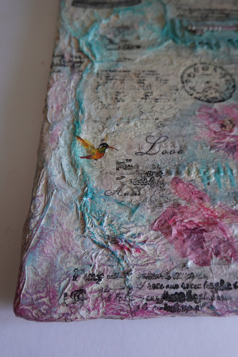 shabby chic Mixed Media Art unique canvas art one off wall art 3d art on canvas with embellishments