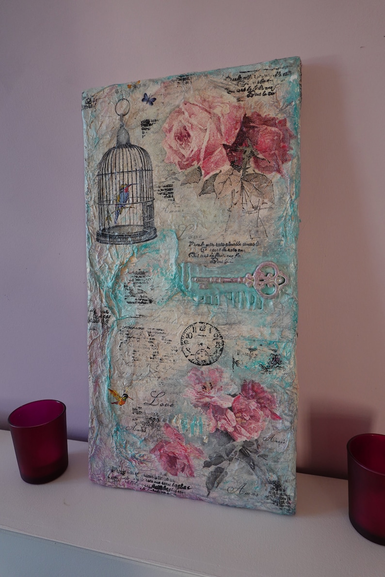 shabby chic Mixed Media Art unique canvas art one off wall art 3d art on canvas with embellishments