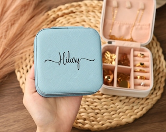 Personalized Name Jewelry Boxes, Travel Jewelry Case,  Custom Leather Jewelry Box, Zipper Jewelry Box, Wedding Party Gift, Gift For Her