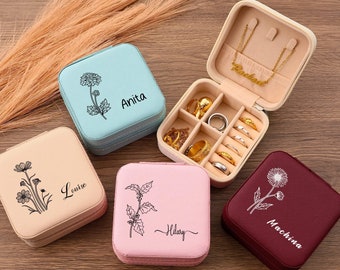 Personalised Travel Jewellery Box ,Custom Birth Flower Jewelry Case, Wedding Ring Box, Personalized Birthday Gift For Mom, Bridesmaid Gifts