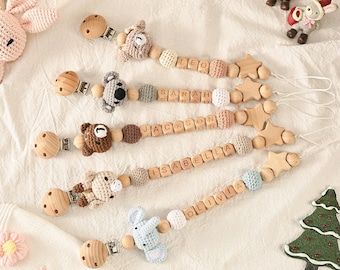 Personalized Dummy Clip with Wooden Name, Custom Pacifier Clip for Baby Girl/Boy, Dummy Chain with Crochet Animal, Cute Cozy Gift Idea