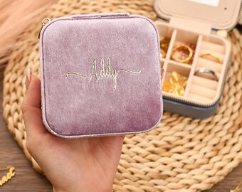 Caja de joyería púrpura personalizada, caja de joyería de terciopelo personalizada, caja de joyería de viaje personalizada con espejo, regalo de dama de honor, regalo de cumpleaños para mujeres