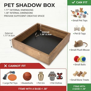 Op de afbeelding: Een houten schaduwdoos voor huisdieren met een zwart interieur. De buitenafmetingen zijn 4,5 cm en de binnenafmetingen zijn 3,5 cm. De tekst op de afbeelding luidt "PET SHADOW BOX" en "PROVIDE SUFFICIENT CREATIVE SPACE".