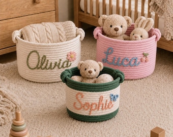 Personalized Woven Storage Basket Custom Name Nursery Basket, Crochet Rope Baby Toy Bin with Cute Symbol, Handmade Baby Gift