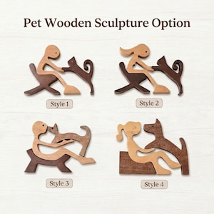 Op de afbeelding: Houten opties voor huisdierbeeldhouwwerken. Er worden vier verschillende stijlen van houten beeldhouwwerken getoond. Elke sculptuur toont een persoon die interactie heeft met een huisdier, een kat of een hond. De sculpturen zijn gemaakt van licht en donkerbruin hout.