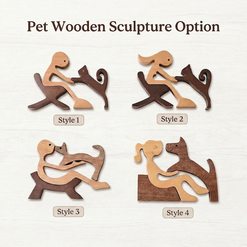 Op de afbeelding: Houten opties voor huisdierbeeldhouwwerken. Er worden vier verschillende stijlen van houten beeldhouwwerken getoond. Elke sculptuur toont een persoon die interactie heeft met een huisdier, een kat of een hond. De sculpturen zijn gemaakt van licht en donkerbruin hout.