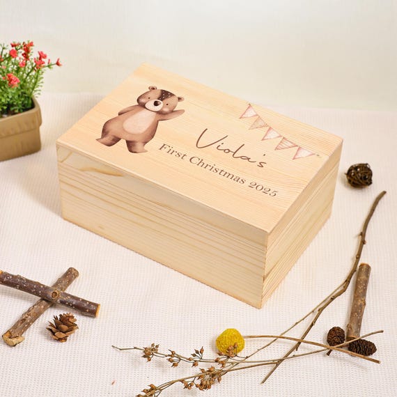 Cute Bear Pattern Custom Baby Keepsake Box, Baby's First Christmas