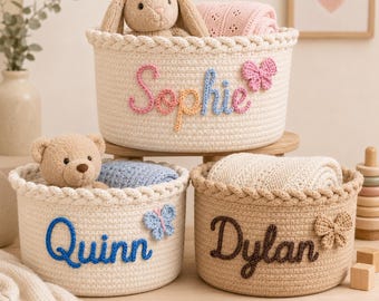 Personalized Woven Storage Basket Custom Name Nursery Basket, Crochet Rope Baby Toy Bin with Cute Symbol, Handmade Baby Gift