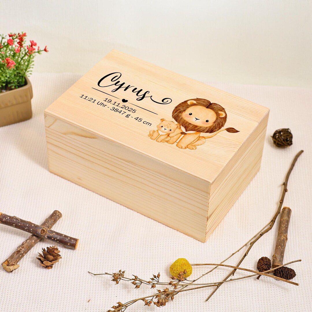 Lion Family Pattern Custom Birth Memory Box, Baby Wooden Keepsake Box ...