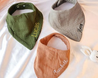 Baby Muslin Scarf, Embroidered Personalized Bib, Cotton Baby Bib, Custom Name Triangular Scarf, with Snap Closure, First Birthday Gift
