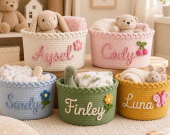 Personalized Baby Toy Storage Basket, Custom Woven Nursery Organizer with Name and Crochet Symbol, Kids Room Decor Gift