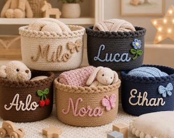 Custom Name Rope Basket for Nursery, Personalized Baby Storage Bin, Woven Toy Basket with Crochet Icon, Baby Shower Gift