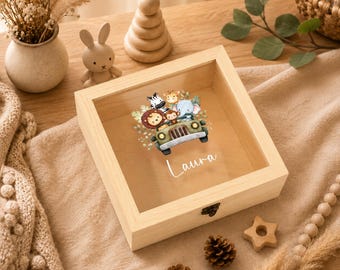 Personalized Cute Animal Memory Box, Custom Name Keepsake Box for Baby, Wooden Treasure Box, Nursery Decor, Baby Shower Gift