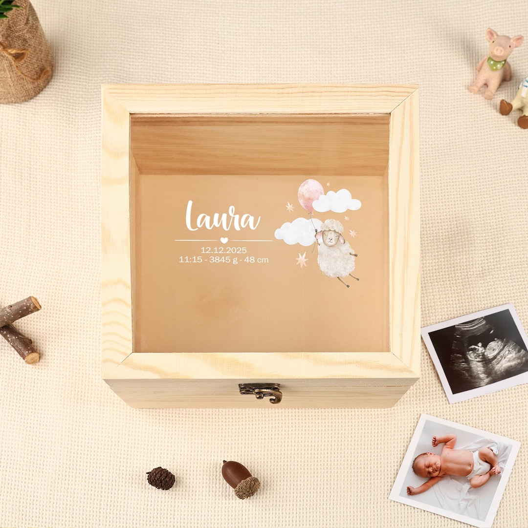Custom Birth Memory Box, Happy Sheep Pattern, Baby Wooden Keepsake Box ...