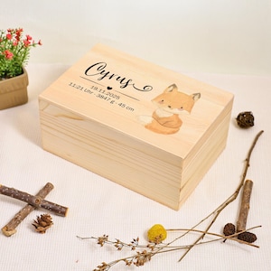 Personalisierte Fuchs Muster Baby Erinnerungsbox mit Name | Erinnerungsbox aus Holz