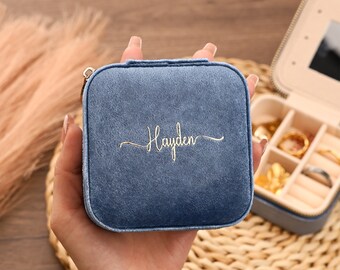 Personalized Italian Velvet Jewelry Box , Square Jewelry Box With Mirror, Blue Retro Jewelry Box, Bridesmaid Gifts Proposal, Gift for Her
