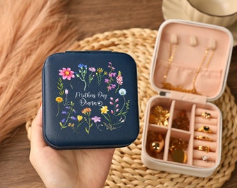 Caja de joyería de viaje personalizada, caja de joyería de regalo del Día de las Madres personalizada, regalo para ella, caja de joyería de flores, almacenamiento de joyería floral de cuero