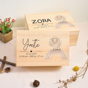 Rainbow Sheep Pattern Baby Keepsake Box with Personalized Name | Empty Wooden Memory Box