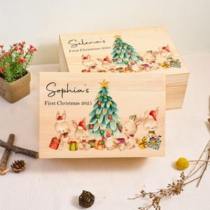 Cute Rabbits Design First Christmas Gift Box for Baby Boy/Girl, Custom Keepsake Box, Memory Box for Newborn,Wooden Storage Box, Time Capsule