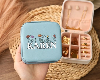 Personalized Mothers Day Gift Wildflower Jewelry Boxes, Custom Floral Name Name Jewelry Boxes, Travel Jewelry Boxes, Leather Jewelry Box