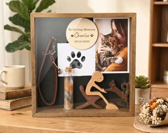 Personalized Pet Memorial Shadow Box: Engraved Your Text, Keepsake for Dog or Cat Loss, DIY Pet Paw Print Kit, Pet Fur Bottle, Sympathy Gift