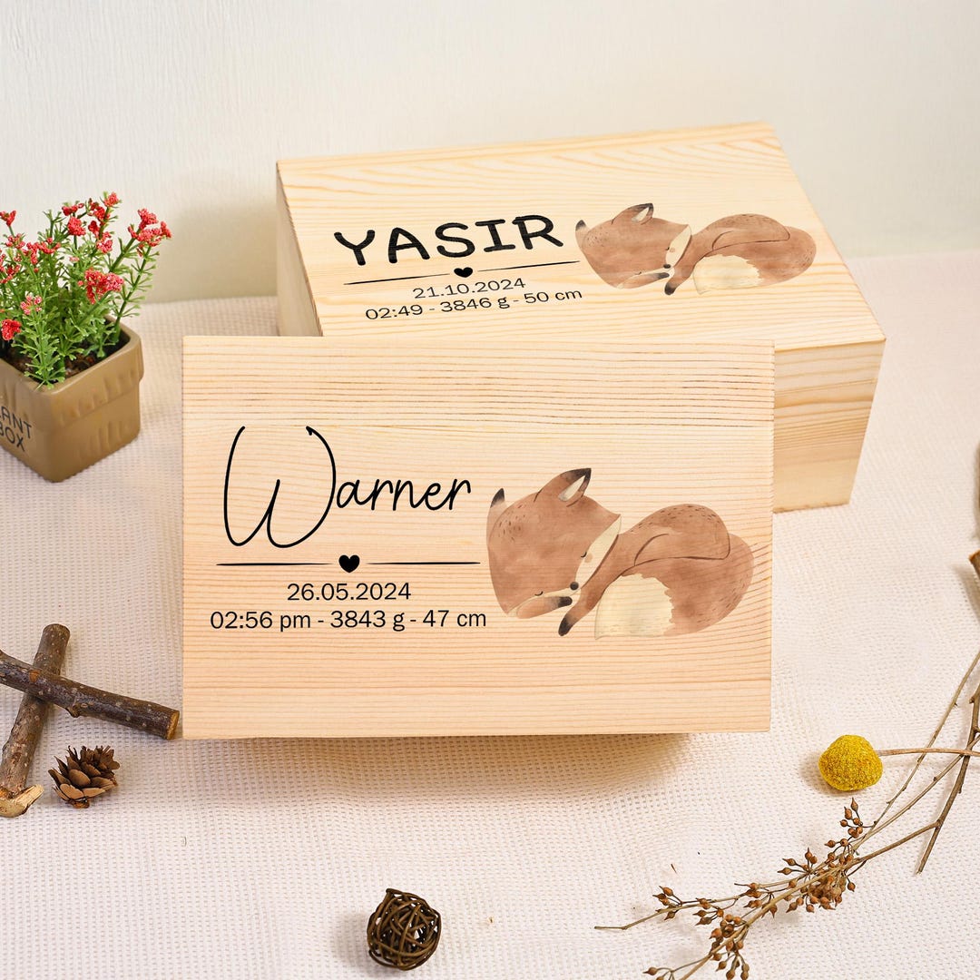 Cute Fox Pattern Custom Birth Memory Box, Baby Wooden Keepsake Box ...