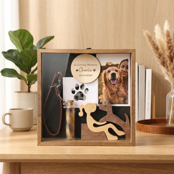 Personalized Engraved Pet Memorial Box - Cat Memorial Shadow Box, Pet Memorial Frame With Paw, Dog Memorial Gift, Pet Fur Keepsake, Pet Loss