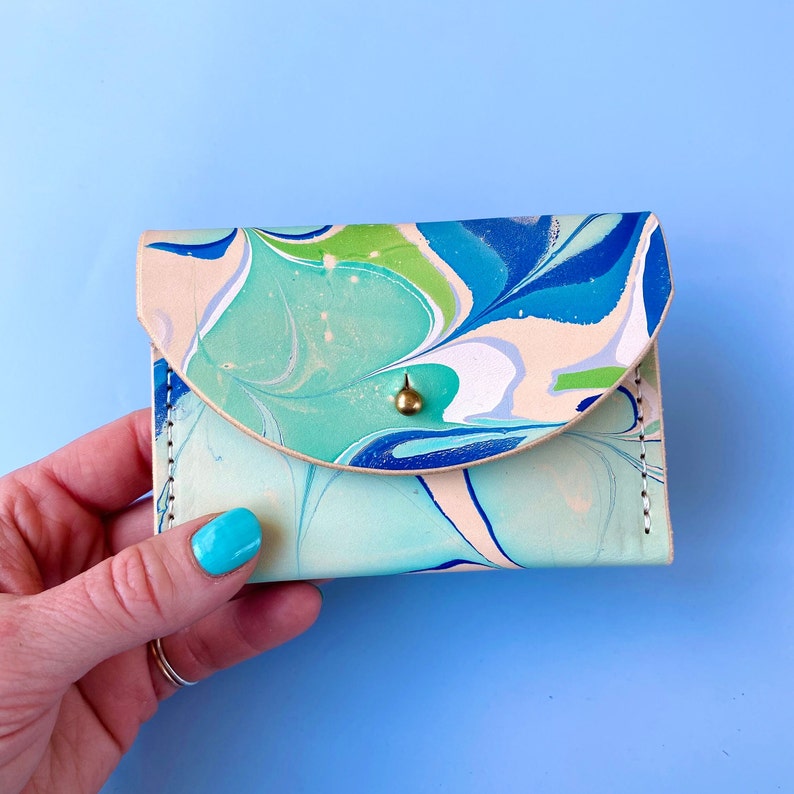 Handmade Leather Card Purse Marbled Blues & Greens