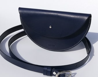 Small Blue half moon crossbody bag, Navy leather bag, Blue crossbody bag, Blue waist bag, Blue Fanny Pack, Blue clutch bag, handmade bag