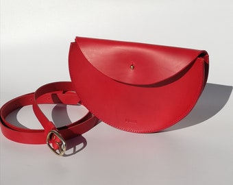 Large red leather half moon crossbody bag / cross body bag / leather hip bag / leather waist bag / belt bag / leather fanny pack