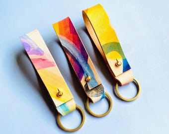Leather key loop - Hand painted / personalised keyring / gift for him her / Christmas gift / leather keychain / 3 year anniversary