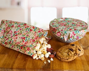 2 Piece Set Beeswax Food Storage - Reusable Snack Bag - 10 x 10 Wrap -  Gift  Under 20 Dollars  - Beeswax Wrapper - Cottage Country Floral