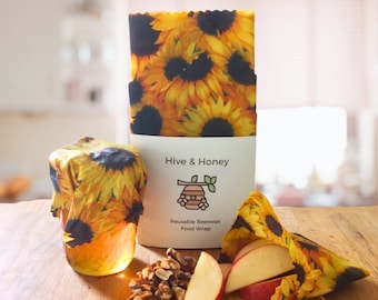 Beeswax Wrap Starter Pack - Reusable Food Wrap - Eco Friendly Gift -  Plastic Free Snack Bag - Sunflowers - Compostable