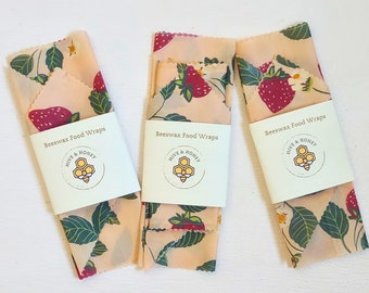 Beeswax Wrap Starter Pack - Reusable Food Wrap - Eco Friendly Gift -  Plastic Free Snack Bag - Strawberries - Compostable