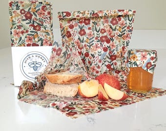 Beeswax Wrapper Set - Reusable Storage Bags - Beeswax Food Wraps - Gift under 25 - Compostable - Eco Friendly Gift -  Terracotta Blooms