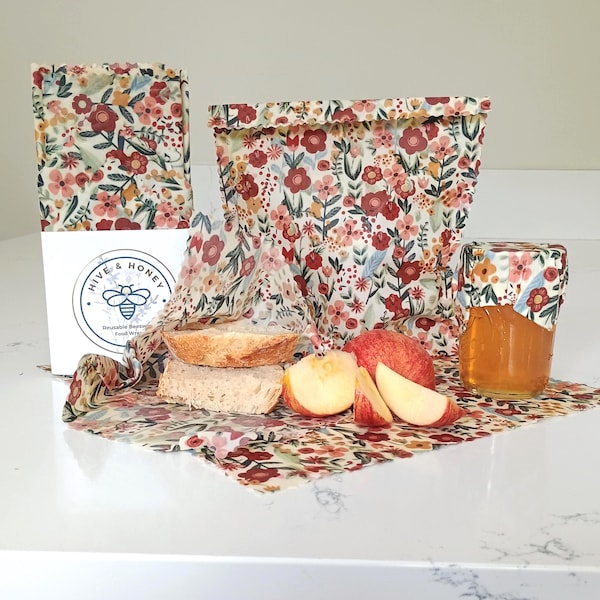 Beeswax Wrapper Set - Reusable Storage Bags - Beeswax Food Wraps - Gift under 25 - Compostable - Eco Friendly Gift -  Terracotta Blooms