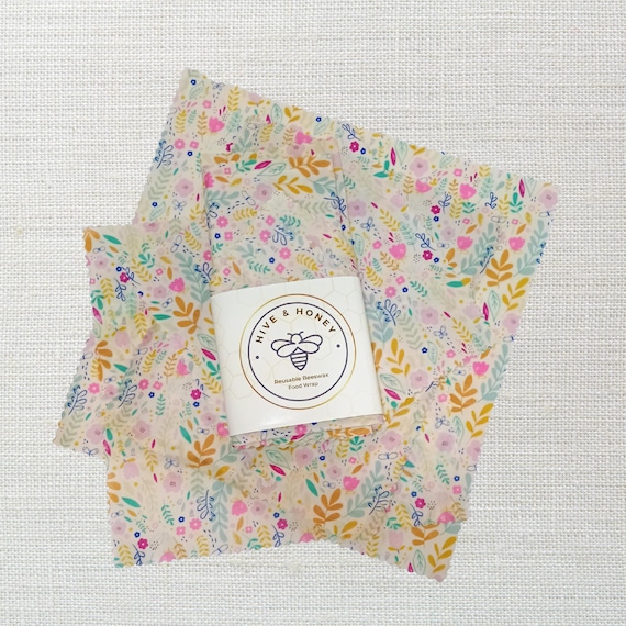 Beeswax Wrapper 4 pc Starter Pack - Reusable Food Wrap -  Eco Gift -  Plastic Free -  Snack Bag  - Compostable -  Wildflower Garden