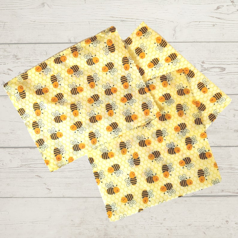 Beeswax Wrapper Set Reusable Storage Bags Beeswax Food Wraps Happy Honeybee 3 and 4 Piece Sets Compostable Eco Friendly Gift image 9