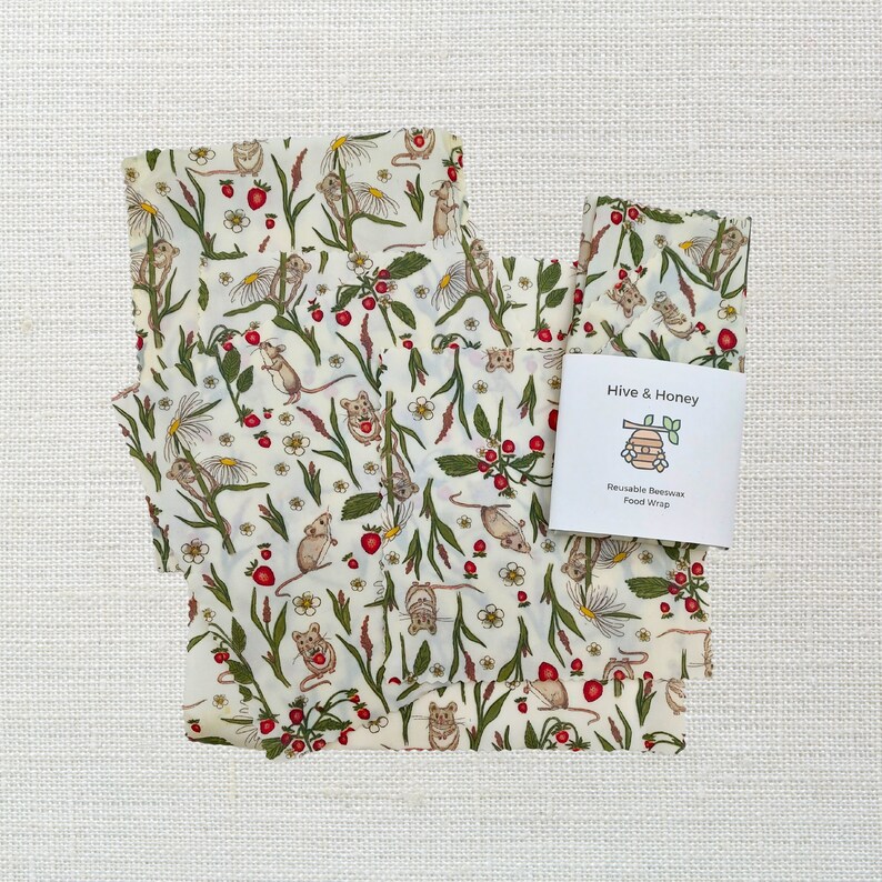 4 Piece Starter Set - Beeswax Food Baggie - Reusable Storage Bags - Beeswax Wraps - Compostable - Eco Friendly Gift - Mouse - Strawberry