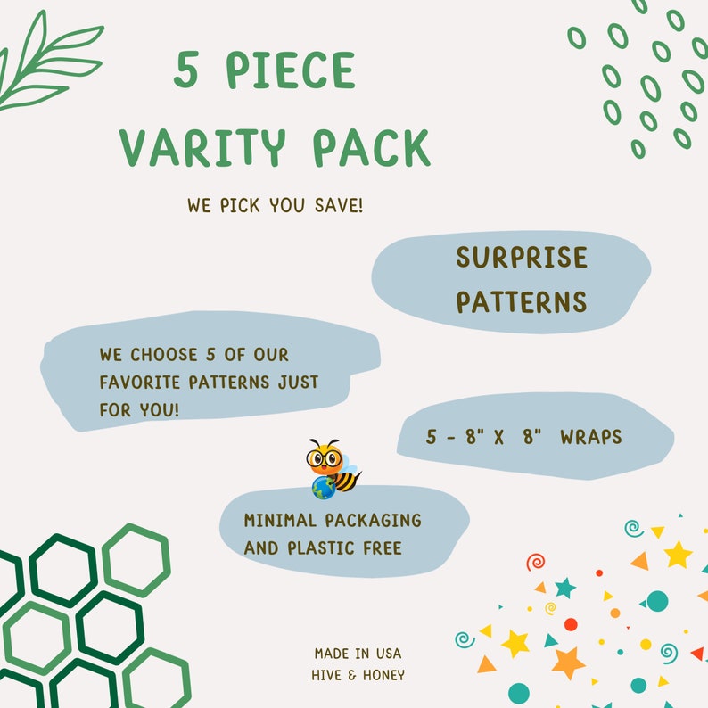 5 Piece Beeswax Wrap Starter Pack 8 x 8 Wraps Reusable Food Wrap Eco Friendly Gift Organic Wax Wraps Reusable Kitchen Storage image 2