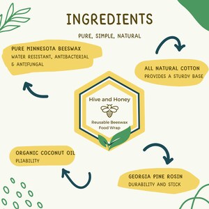 May include: A yellow hexagon with the text "Hive and Honey Reusable Beeswax Food Wrap" and a bee illustration. The hexagon is surrounded by text describing the ingredients of the beeswax food wrap: pure Minnesota beeswax, organic coconut oil, all-natural cotton, and Georgia pine rosin.