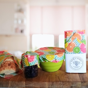 Beeswax Wrap Starter Pack - Reusable Food Wrap Set - Eco Friendly Gift -  Plastic Free - Snack Bag -Compostable - Food Saver - Citrus Slices
